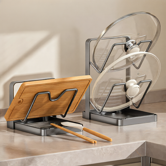 Premium Metal Kitchen Organizer Rack - Multi-Tier Lid & Utensil Holder