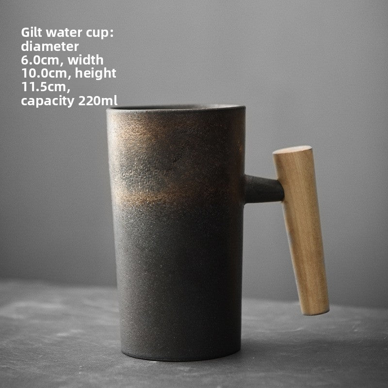 Handcrafted Japanese-Style Stoneware Coffee Cup with Wooden Handle - Artisan Porcelain