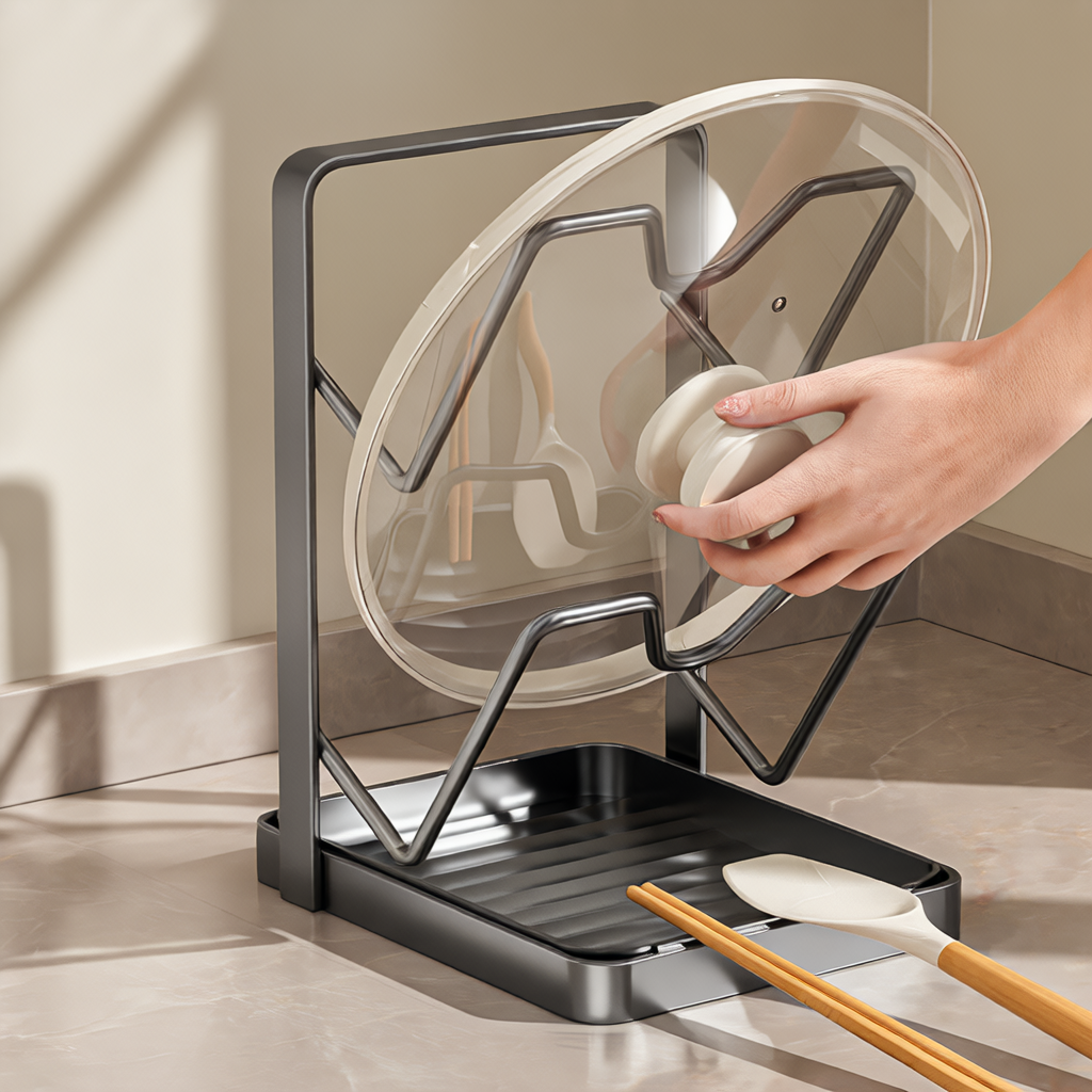 Premium Metal Kitchen Organizer Rack - Multi-Tier Lid & Utensil Holder