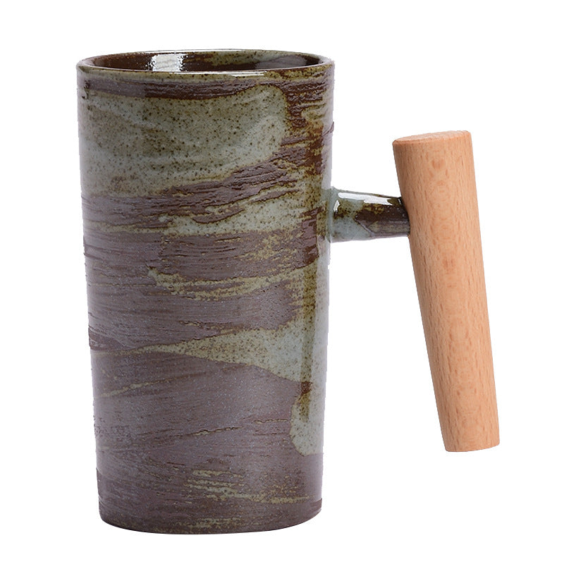 Handcrafted Japanese-Style Stoneware Coffee Cup with Wooden Handle - Artisan Porcelain