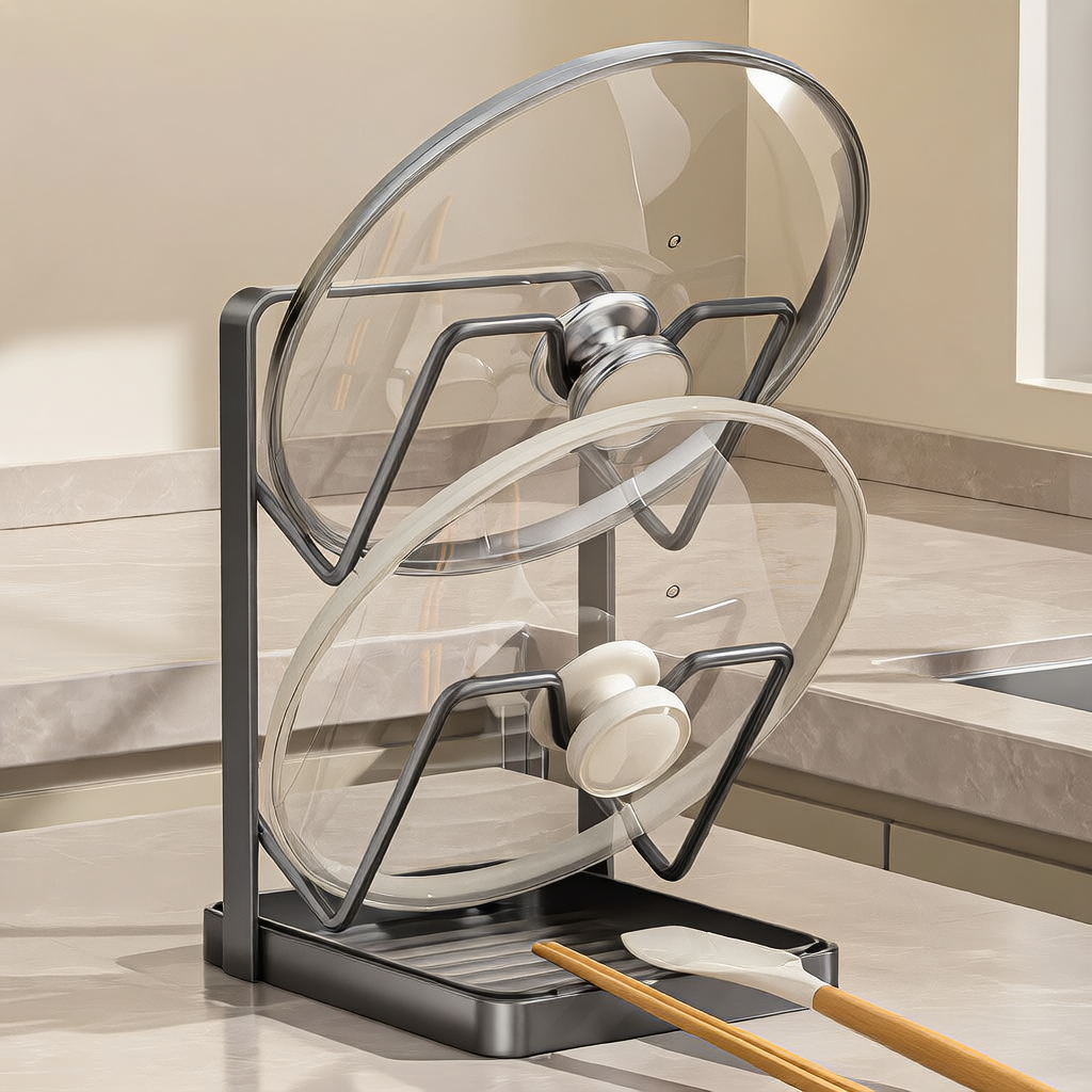 Premium Metal Kitchen Organizer Rack - Multi-Tier Lid & Utensil Holder